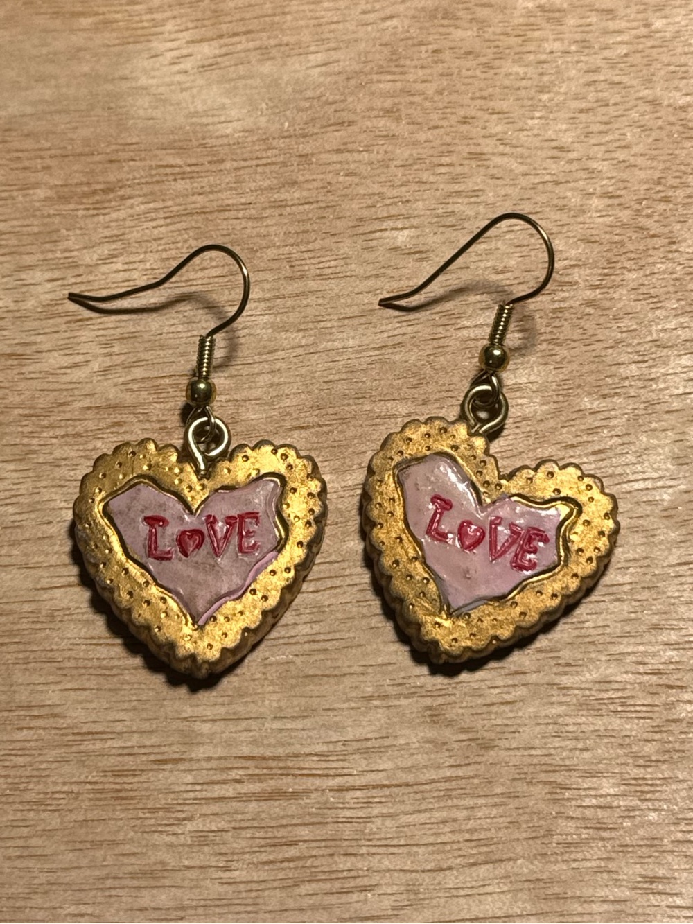 Heart 'Love' Drop Earrings in Gold and Pink